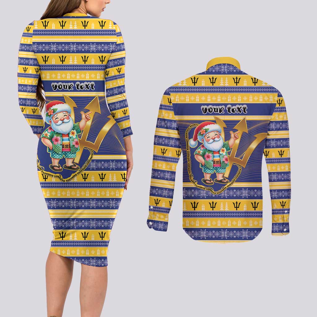 Personalized Barbados Christmas Couples Matching Long Sleeve Bodycon Dress and Long Sleeve Button Shirt Bajan Map Santa Trident - Wonder Print Shop