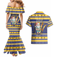 Personalized Barbados Christmas Couples Matching Mermaid Dress and Hawaiian Shirt Bajan Map Santa Trident - Wonder Print Shop