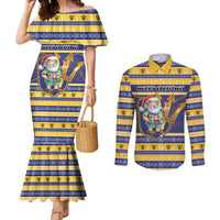 Personalized Barbados Christmas Couples Matching Mermaid Dress and Long Sleeve Button Shirt Bajan Map Santa Trident - Wonder Print Shop