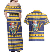 Personalized Barbados Christmas Couples Matching Off Shoulder Maxi Dress and Hawaiian Shirt Bajan Map Santa Trident - Wonder Print Shop