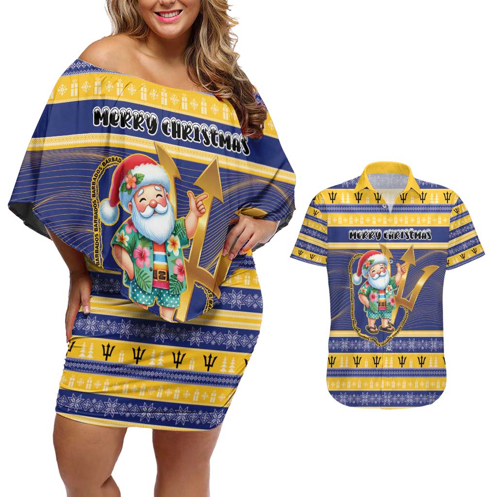 Personalized Barbados Christmas Couples Matching Off Shoulder Short Dress and Hawaiian Shirt Bajan Map Santa Trident - Wonder Print Shop