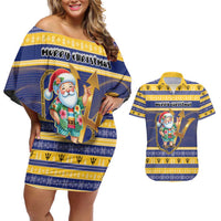 Personalized Barbados Christmas Couples Matching Off Shoulder Short Dress and Hawaiian Shirt Bajan Map Santa Trident - Wonder Print Shop