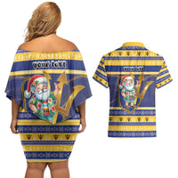 Personalized Barbados Christmas Couples Matching Off Shoulder Short Dress and Hawaiian Shirt Bajan Map Santa Trident - Wonder Print Shop