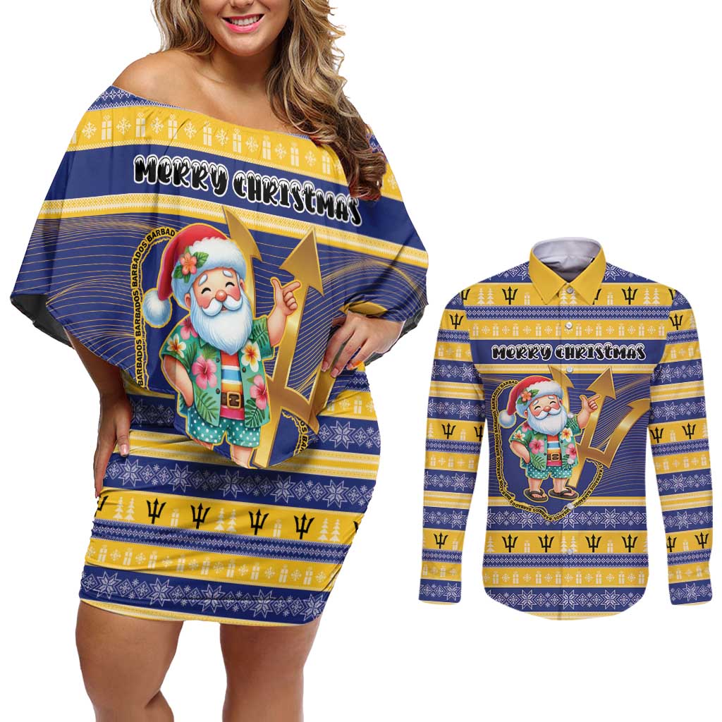 Personalized Barbados Christmas Couples Matching Off Shoulder Short Dress and Long Sleeve Button Shirt Bajan Map Santa Trident - Wonder Print Shop