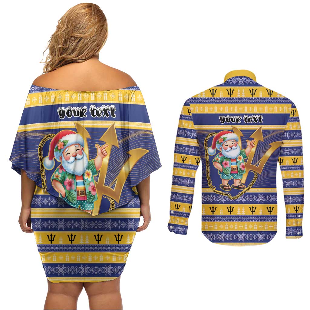 Personalized Barbados Christmas Couples Matching Off Shoulder Short Dress and Long Sleeve Button Shirt Bajan Map Santa Trident - Wonder Print Shop