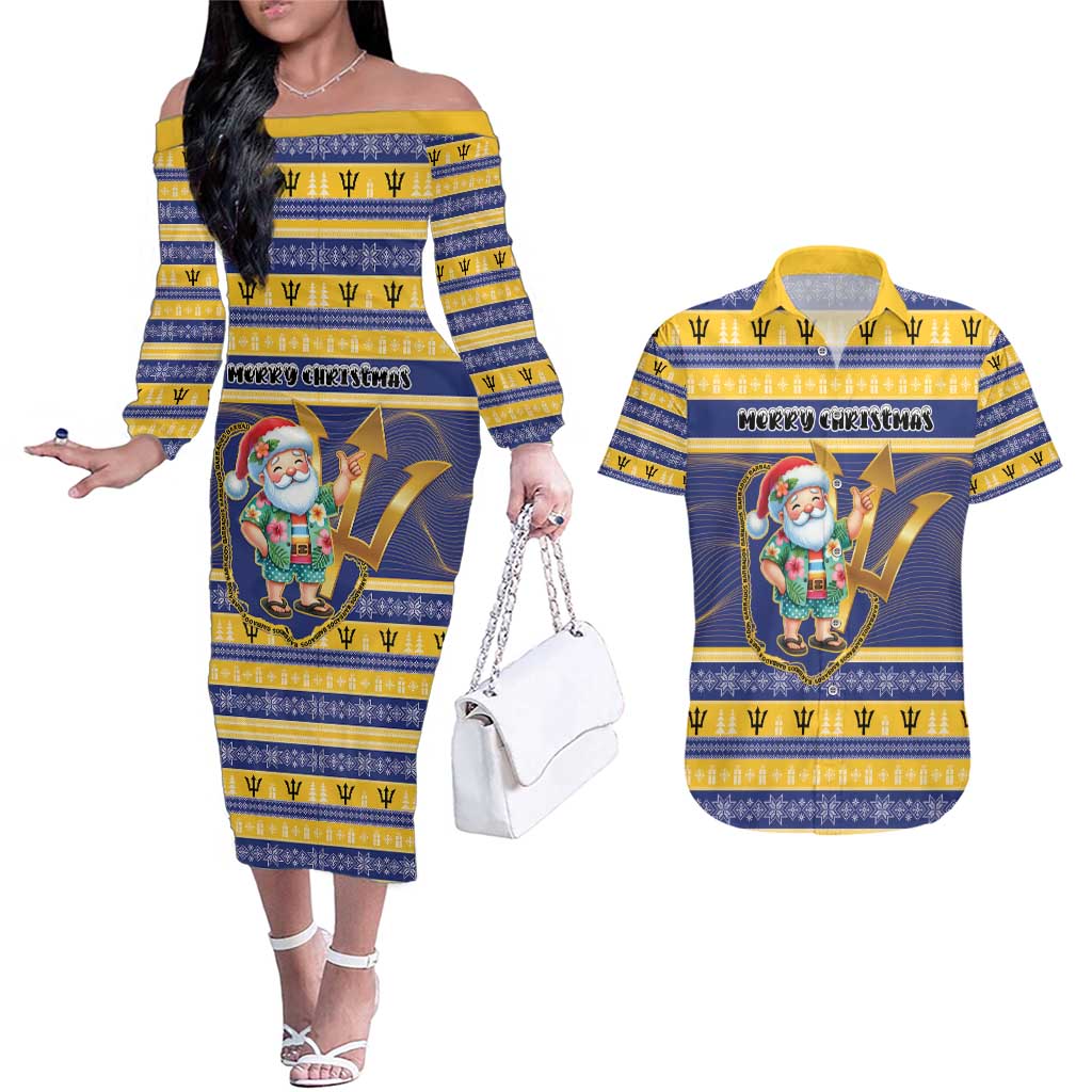 Personalized Barbados Christmas Couples Matching Off The Shoulder Long Sleeve Dress and Hawaiian Shirt Bajan Map Santa Trident - Wonder Print Shop