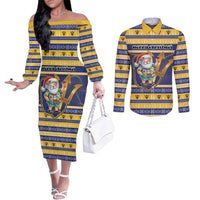 Personalized Barbados Christmas Couples Matching Off The Shoulder Long Sleeve Dress and Long Sleeve Button Shirt Bajan Map Santa Trident - Wonder Print Shop