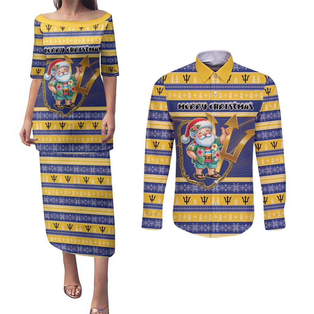 Personalized Barbados Christmas Couples Matching Puletasi and Long Sleeve Button Shirt Bajan Map Santa Trident - Wonder Print Shop