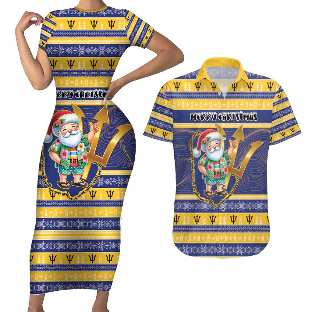 Personalized Barbados Christmas Couples Matching Short Sleeve Bodycon Dress and Hawaiian Shirt Bajan Map Santa Trident - Wonder Print Shop
