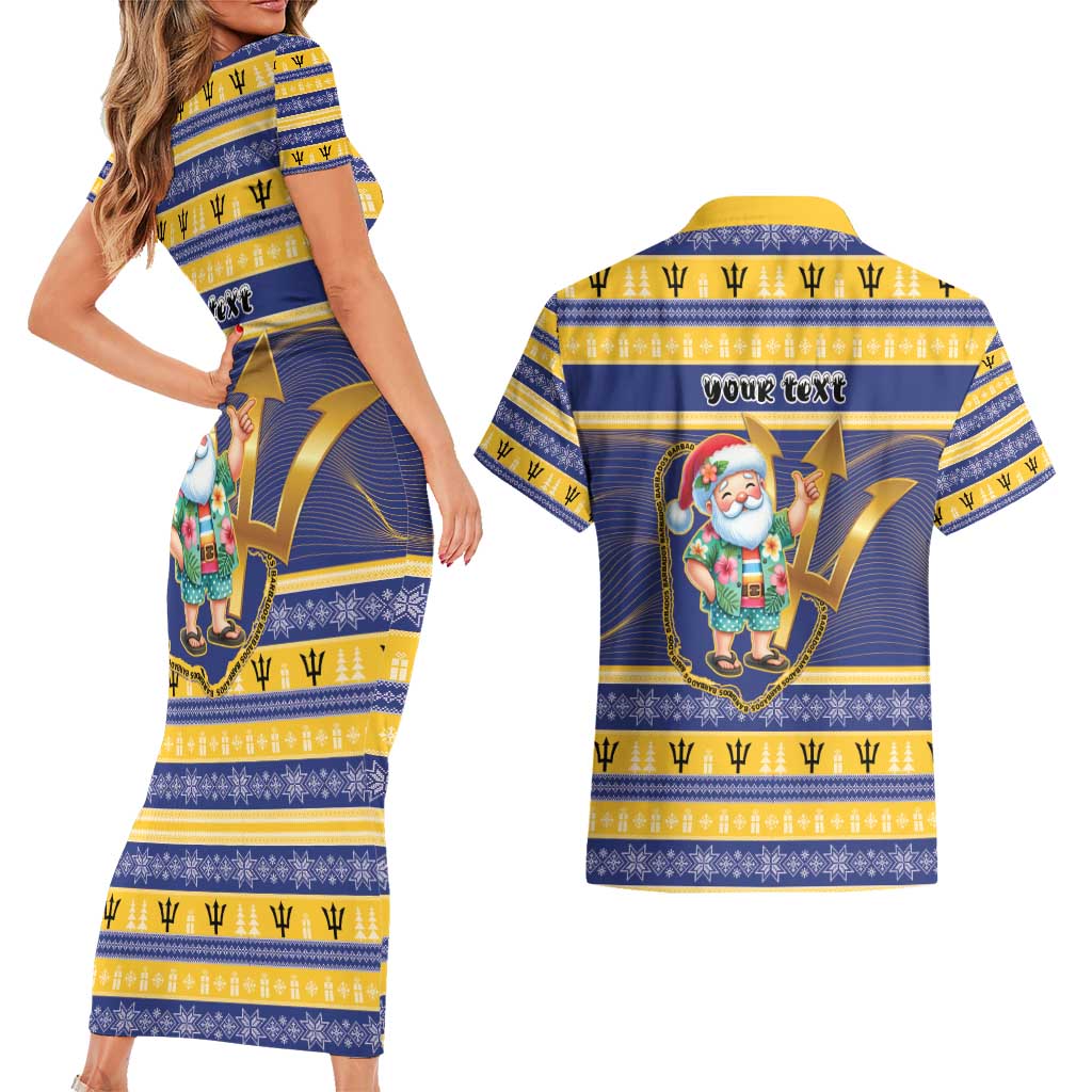 Personalized Barbados Christmas Couples Matching Short Sleeve Bodycon Dress and Hawaiian Shirt Bajan Map Santa Trident - Wonder Print Shop