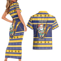 Personalized Barbados Christmas Couples Matching Short Sleeve Bodycon Dress and Hawaiian Shirt Bajan Map Santa Trident - Wonder Print Shop