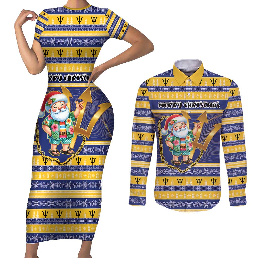 Personalized Barbados Christmas Couples Matching Short Sleeve Bodycon Dress and Long Sleeve Button Shirt Bajan Map Santa Trident - Wonder Print Shop