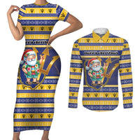 Personalized Barbados Christmas Couples Matching Short Sleeve Bodycon Dress and Long Sleeve Button Shirt Bajan Map Santa Trident - Wonder Print Shop