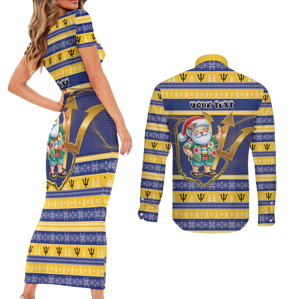 Personalized Barbados Christmas Couples Matching Short Sleeve Bodycon Dress and Long Sleeve Button Shirt Bajan Map Santa Trident - Wonder Print Shop