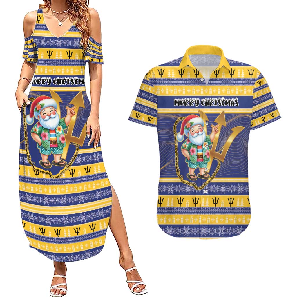 Personalized Barbados Christmas Couples Matching Summer Maxi Dress and Hawaiian Shirt Bajan Map Santa Trident - Wonder Print Shop