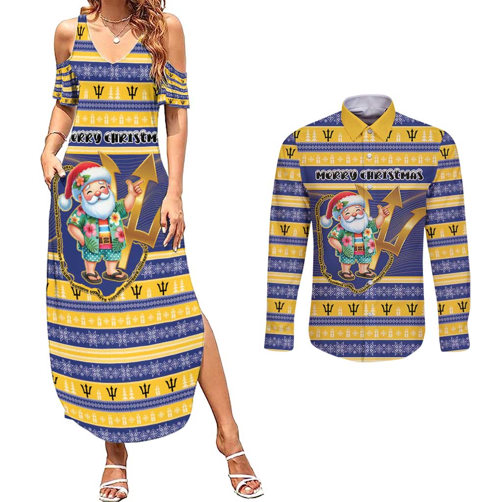 Personalized Barbados Christmas Couples Matching Summer Maxi Dress and Long Sleeve Button Shirt Bajan Map Santa Trident - Wonder Print Shop