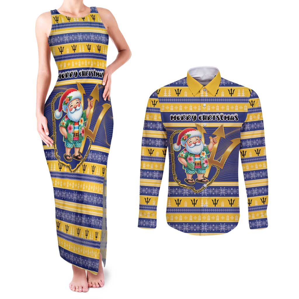 Personalized Barbados Christmas Couples Matching Tank Maxi Dress and Long Sleeve Button Shirt Bajan Map Santa Trident - Wonder Print Shop