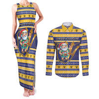 Personalized Barbados Christmas Couples Matching Tank Maxi Dress and Long Sleeve Button Shirt Bajan Map Santa Trident - Wonder Print Shop
