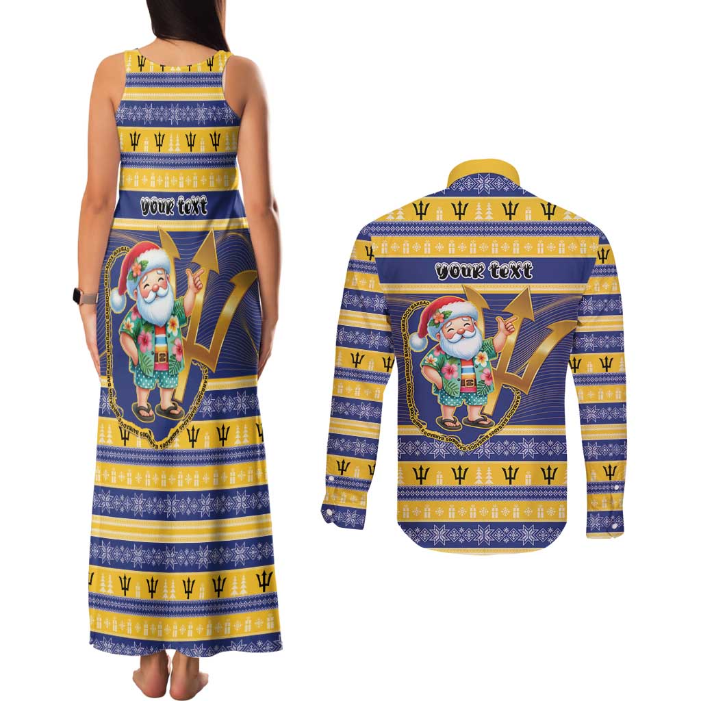 Personalized Barbados Christmas Couples Matching Tank Maxi Dress and Long Sleeve Button Shirt Bajan Map Santa Trident - Wonder Print Shop