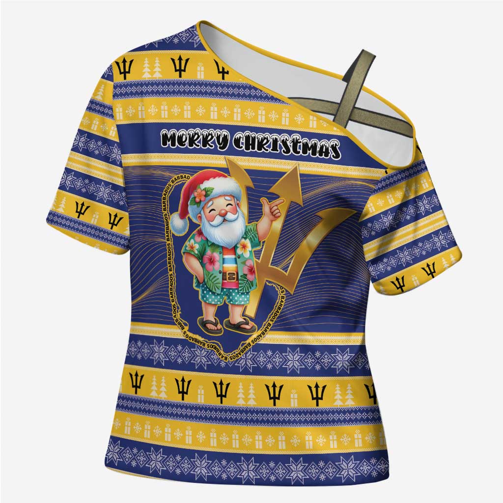 Personalized Barbados Christmas Cross Shoulder Shirt Bajan Map Santa Trident - Wonder Print Shop