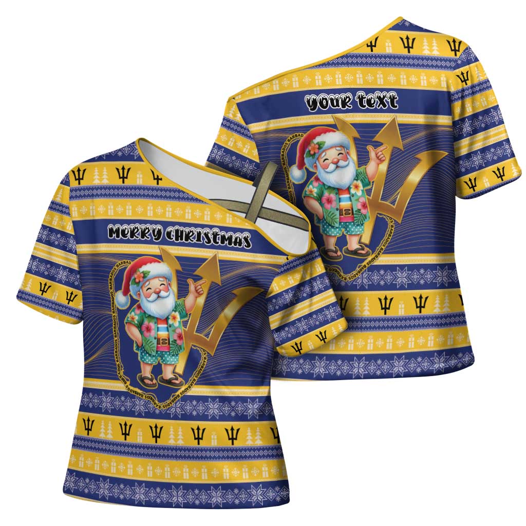 Personalized Barbados Christmas Cross Shoulder Shirt Bajan Map Santa Trident - Wonder Print Shop