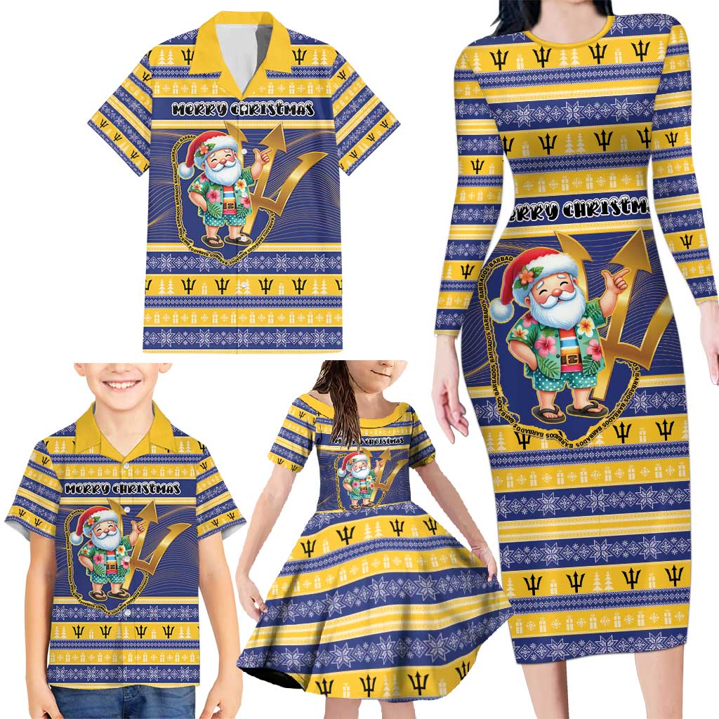 Personalized Barbados Christmas Family Matching Long Sleeve Bodycon Dress and Hawaiian Shirt Bajan Map Santa Trident - Wonder Print Shop