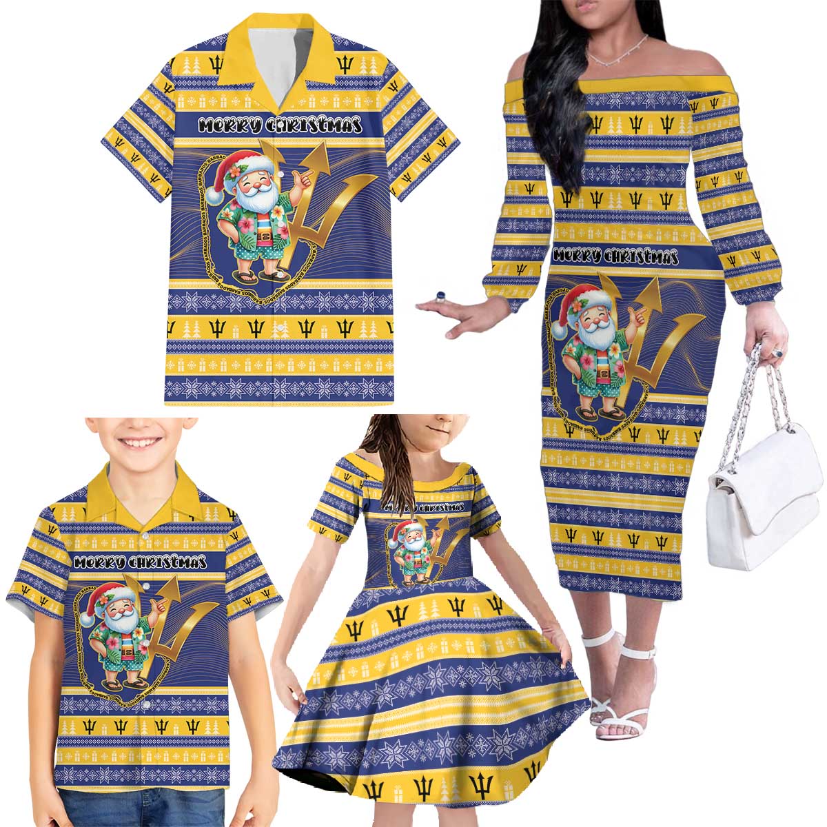 Personalized Barbados Christmas Family Matching Off The Shoulder Long Sleeve Dress and Hawaiian Shirt Bajan Map Santa Trident - Wonder Print Shop