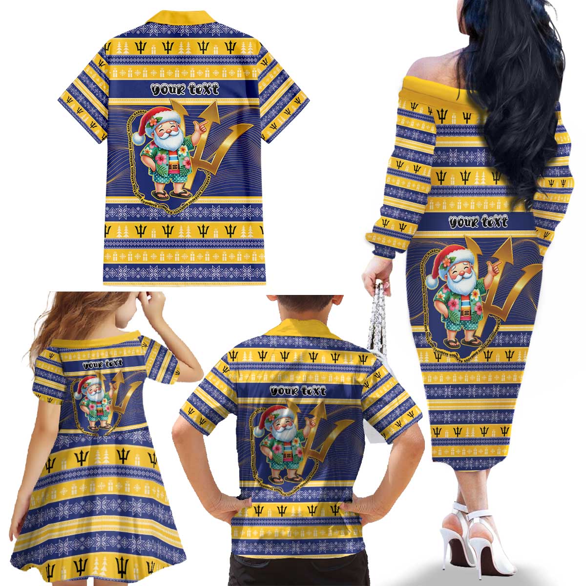 Personalized Barbados Christmas Family Matching Off The Shoulder Long Sleeve Dress and Hawaiian Shirt Bajan Map Santa Trident - Wonder Print Shop