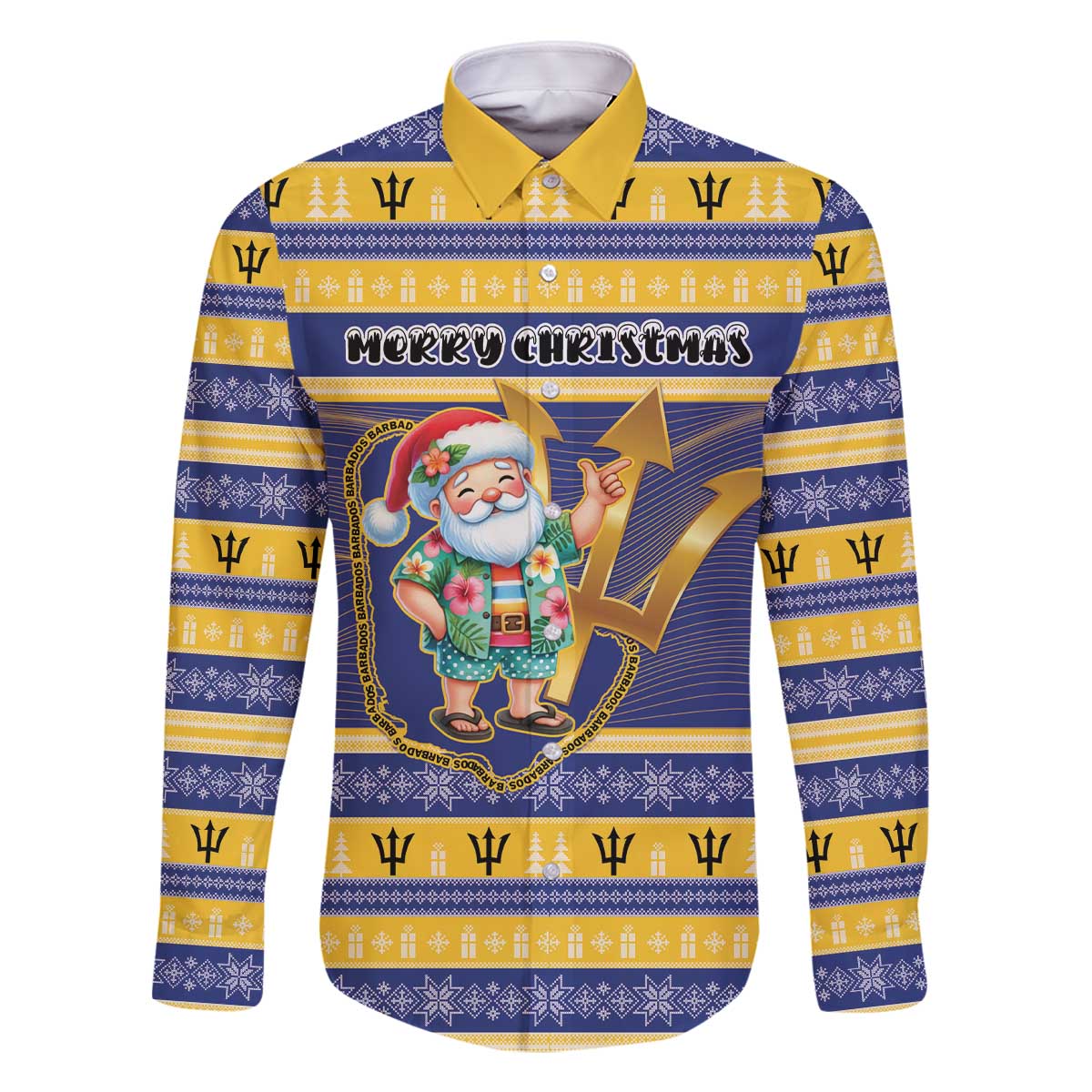 Personalized Barbados Christmas Family Matching Off The Shoulder Long Sleeve Dress and Hawaiian Shirt Bajan Map Santa Trident - Wonder Print Shop