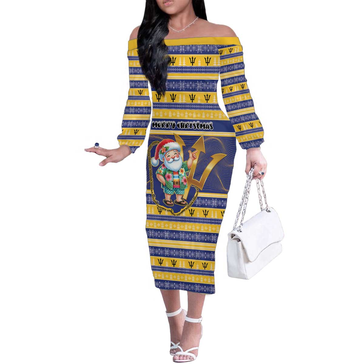 Personalized Barbados Christmas Family Matching Off The Shoulder Long Sleeve Dress and Hawaiian Shirt Bajan Map Santa Trident - Wonder Print Shop