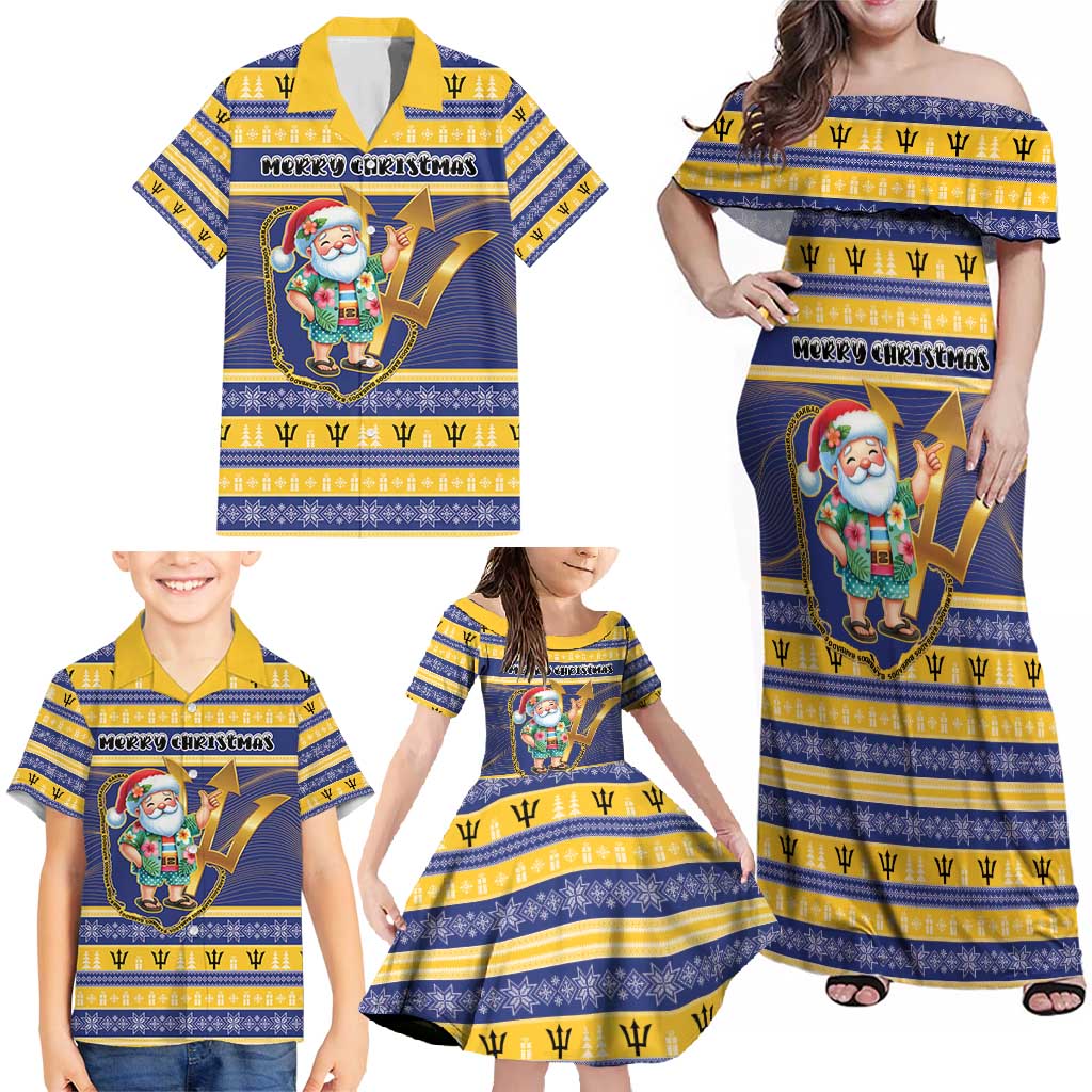 Personalized Barbados Christmas Family Matching Off Shoulder Maxi Dress and Hawaiian Shirt Bajan Map Santa Trident - Wonder Print Shop