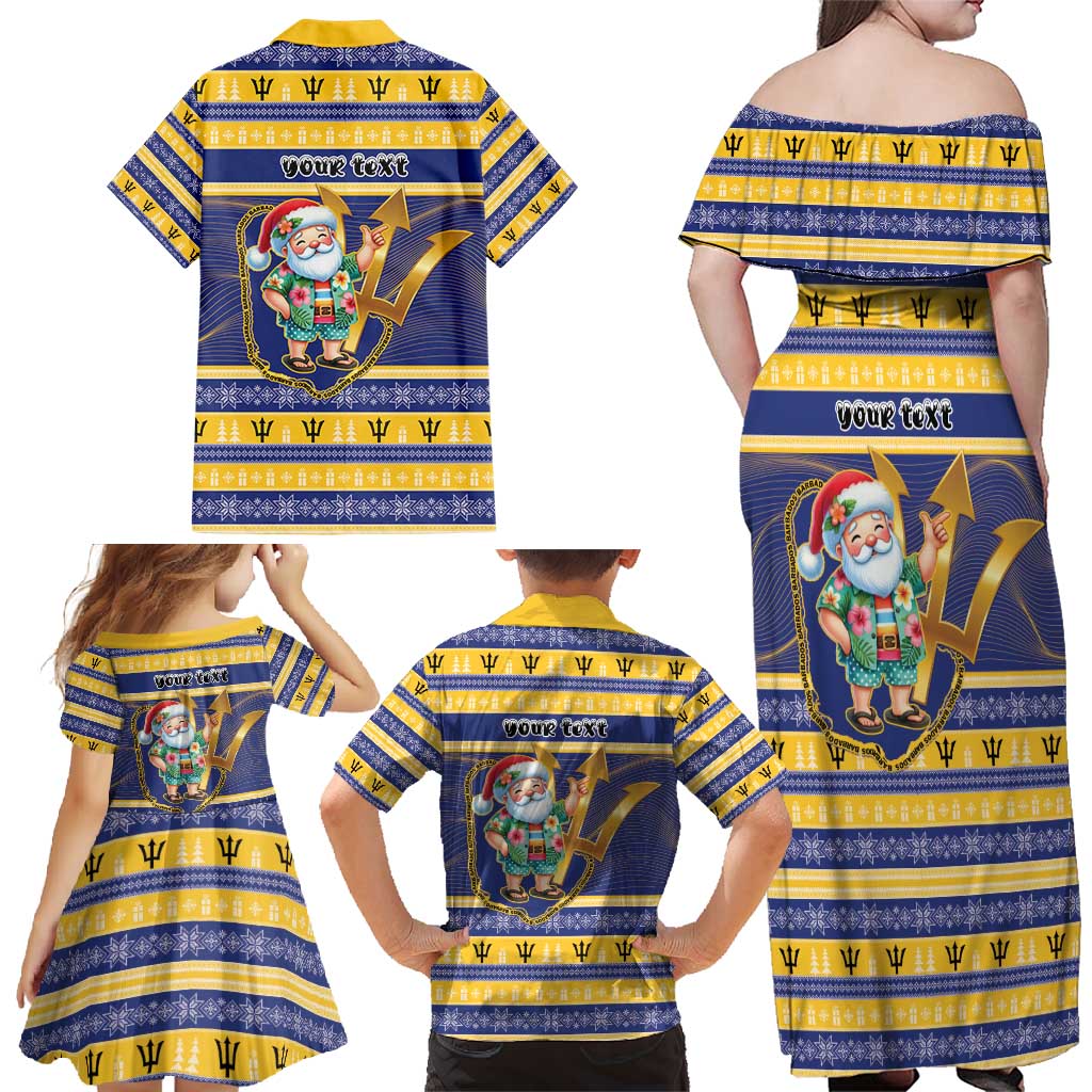 Personalized Barbados Christmas Family Matching Off Shoulder Maxi Dress and Hawaiian Shirt Bajan Map Santa Trident - Wonder Print Shop