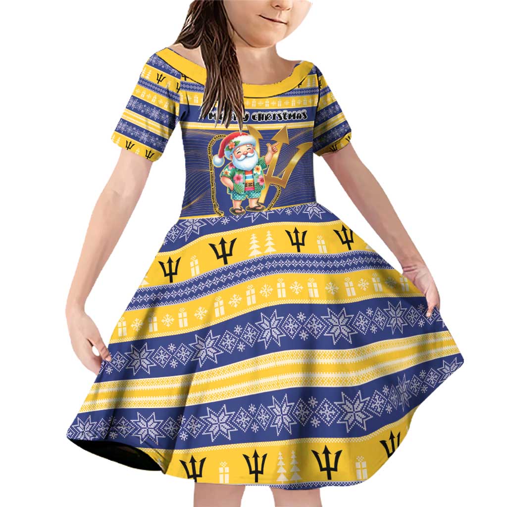 Personalized Barbados Christmas Family Matching Off Shoulder Short Dress and Hawaiian Shirt Bajan Map Santa Trident - Wonder Print Shop