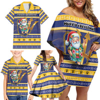 Personalized Barbados Christmas Family Matching Off Shoulder Short Dress and Hawaiian Shirt Bajan Map Santa Trident - Wonder Print Shop