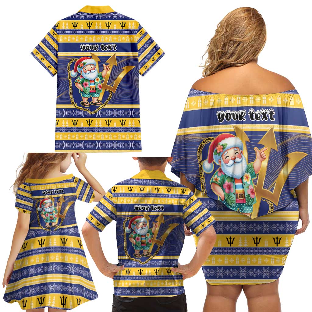 Personalized Barbados Christmas Family Matching Off Shoulder Short Dress and Hawaiian Shirt Bajan Map Santa Trident - Wonder Print Shop