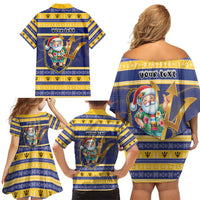 Personalized Barbados Christmas Family Matching Off Shoulder Short Dress and Hawaiian Shirt Bajan Map Santa Trident - Wonder Print Shop