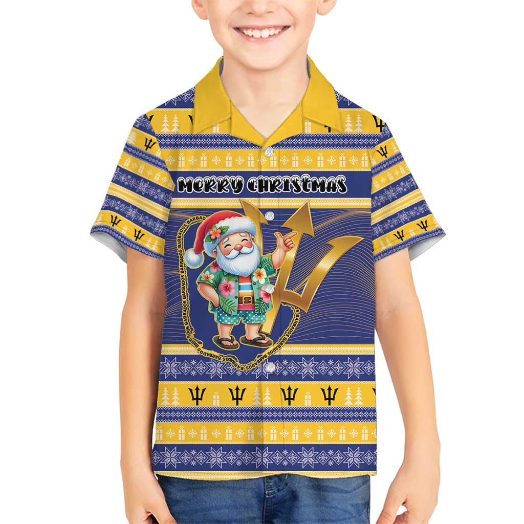 Personalized Barbados Christmas Family Matching Off Shoulder Short Dress and Hawaiian Shirt Bajan Map Santa Trident - Wonder Print Shop