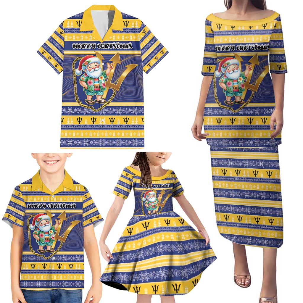 Personalized Barbados Christmas Family Matching Puletasi and Hawaiian Shirt Bajan Map Santa Trident - Wonder Print Shop