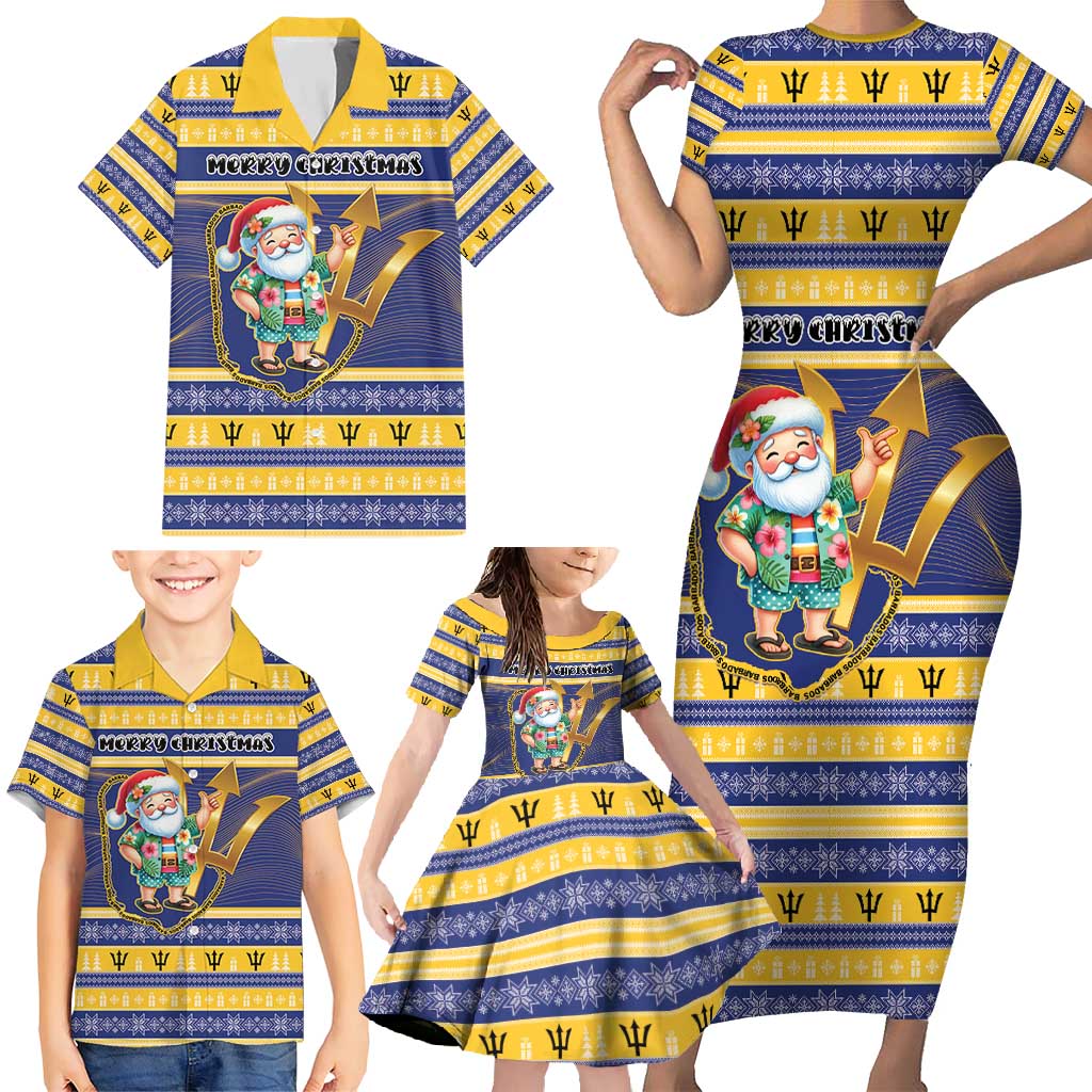Personalized Barbados Christmas Family Matching Short Sleeve Bodycon Dress and Hawaiian Shirt Bajan Map Santa Trident - Wonder Print Shop