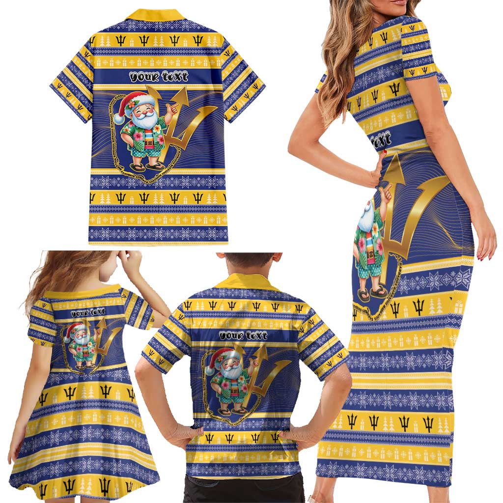 Personalized Barbados Christmas Family Matching Short Sleeve Bodycon Dress and Hawaiian Shirt Bajan Map Santa Trident - Wonder Print Shop