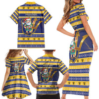 Personalized Barbados Christmas Family Matching Short Sleeve Bodycon Dress and Hawaiian Shirt Bajan Map Santa Trident - Wonder Print Shop