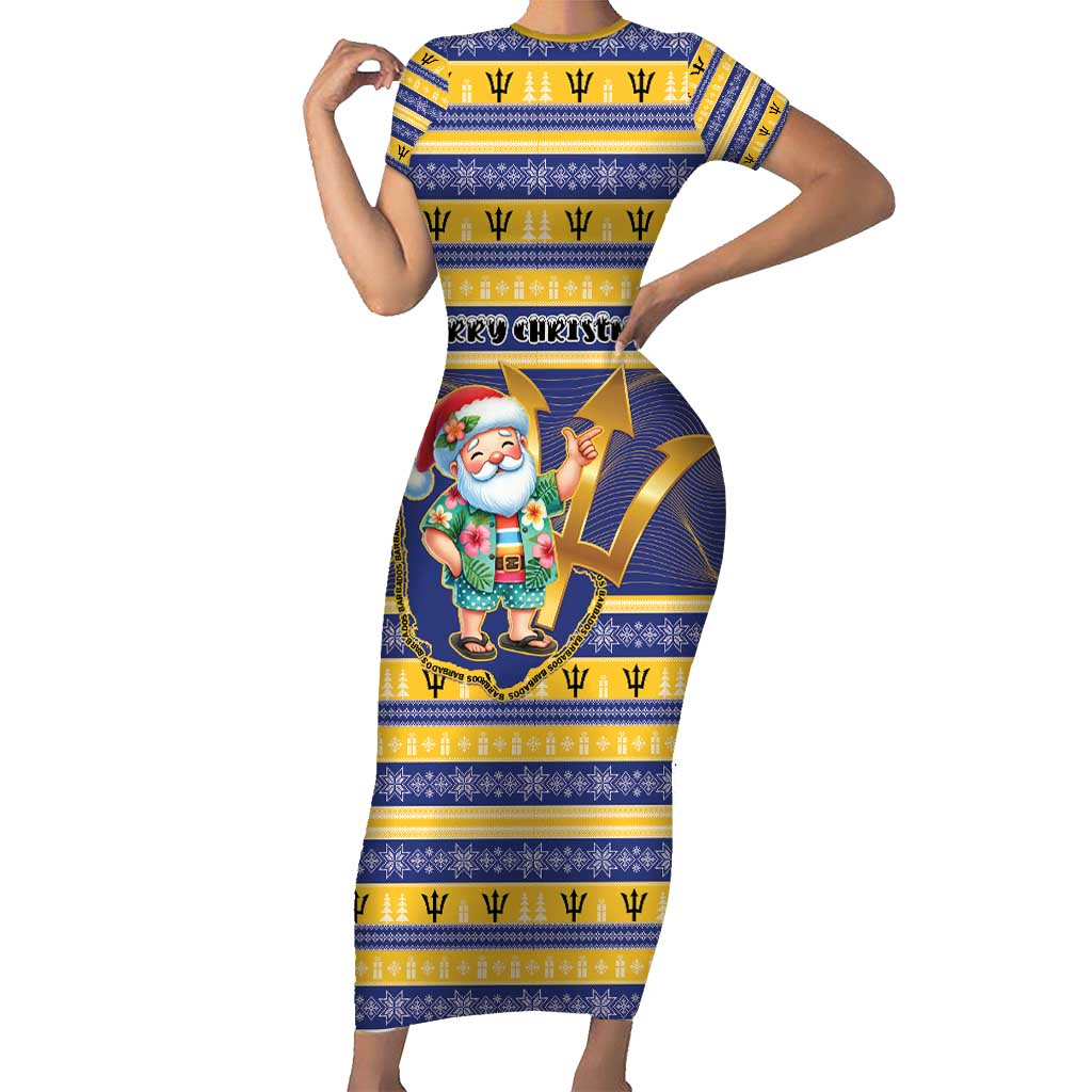 Personalized Barbados Christmas Family Matching Short Sleeve Bodycon Dress and Hawaiian Shirt Bajan Map Santa Trident - Wonder Print Shop