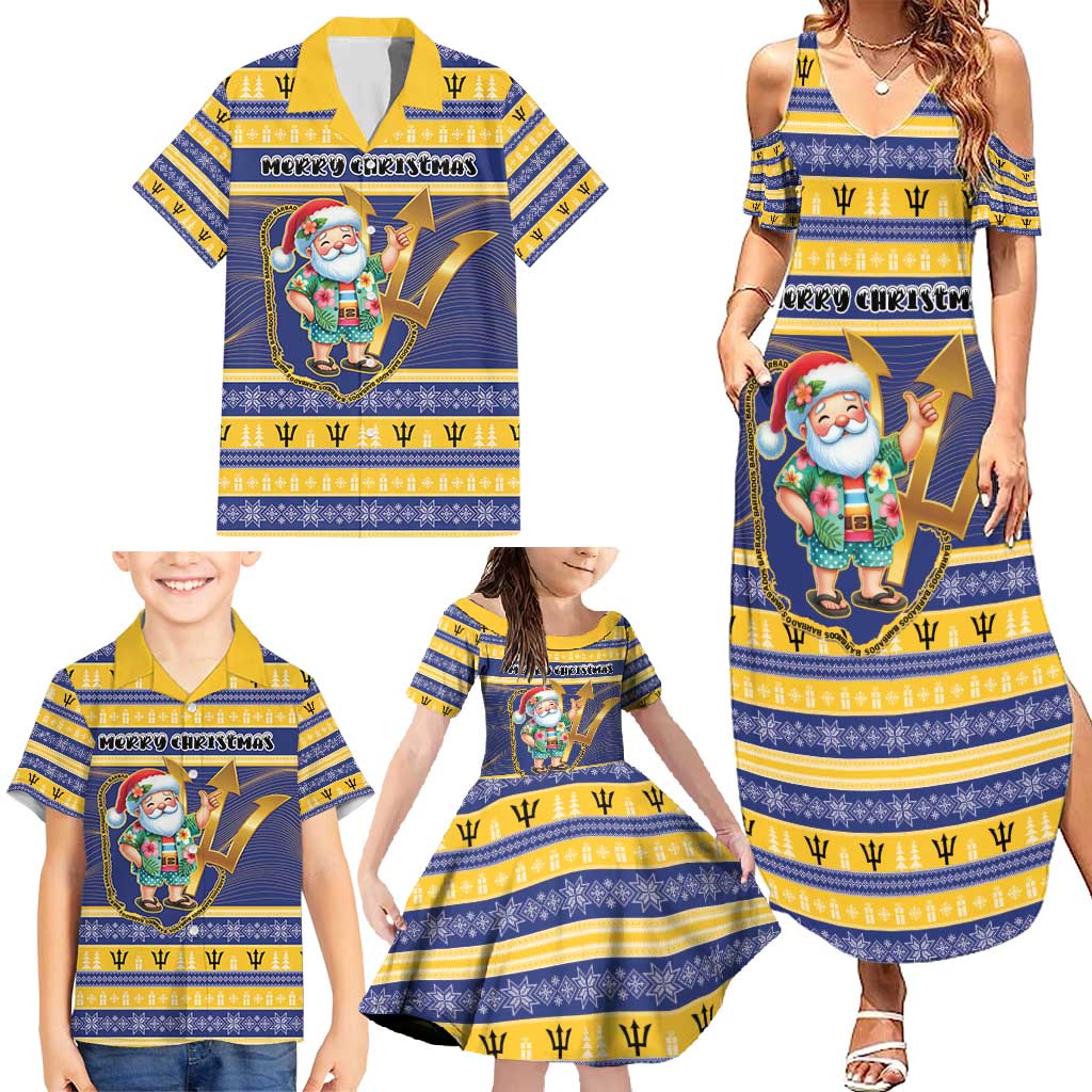 Personalized Barbados Christmas Family Matching Summer Maxi Dress and Hawaiian Shirt Bajan Map Santa Trident - Wonder Print Shop