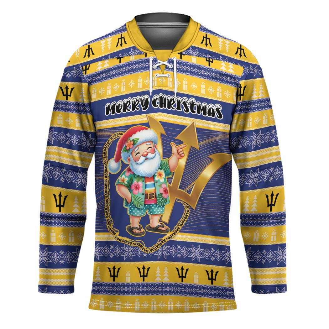 Personalized Barbados Christmas Hockey Jersey Bajan Map Santa Trident - Wonder Print Shop