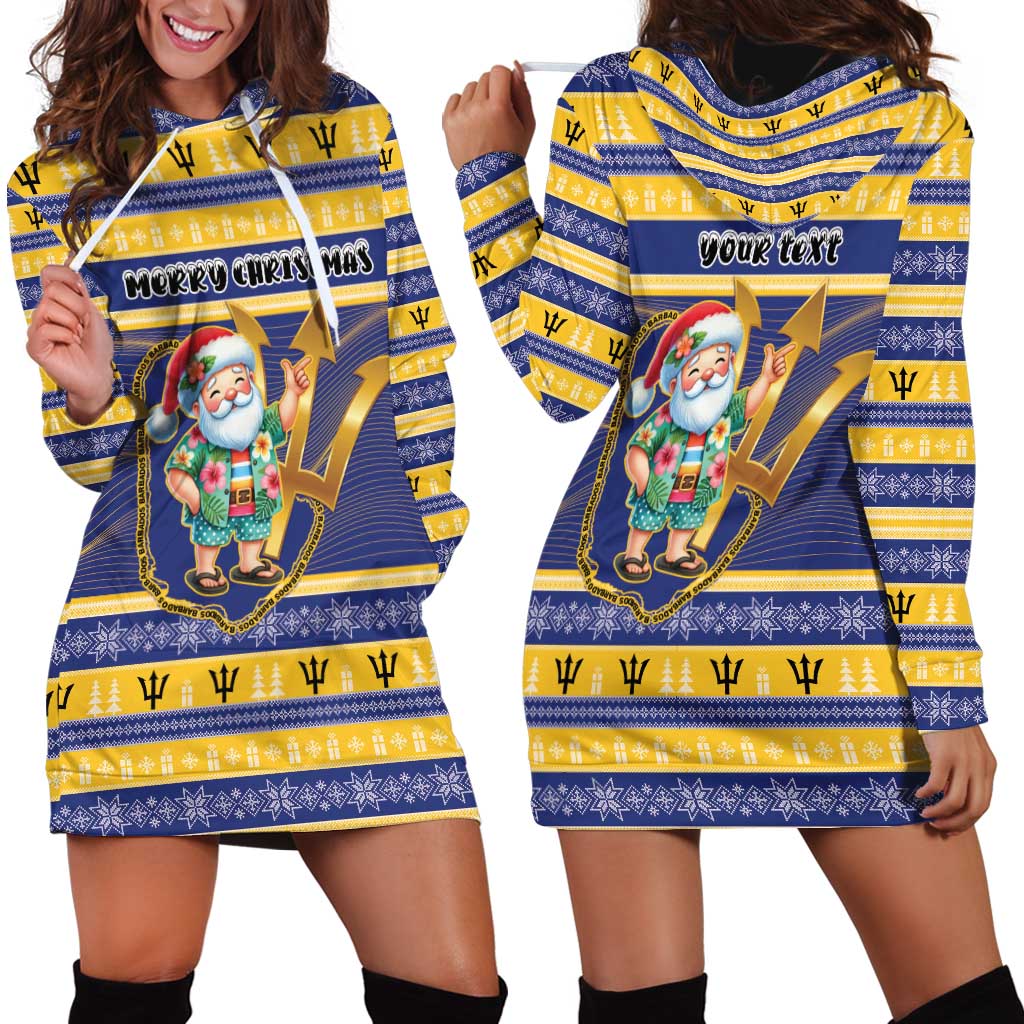 Personalized Barbados Christmas Hoodie Dress Bajan Map Santa Trident - Wonder Print Shop
