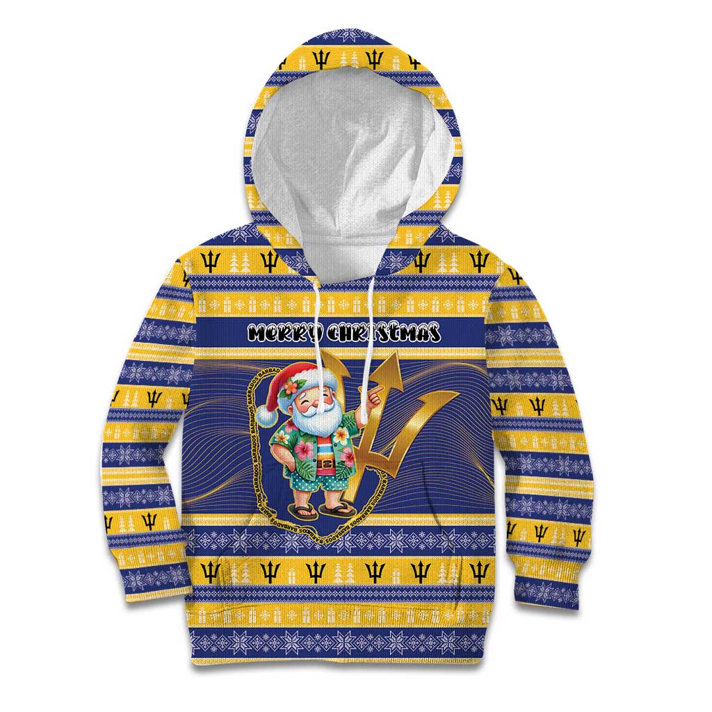 Personalized Barbados Christmas Kid Hoodie Bajan Map Santa Trident - Wonder Print Shop