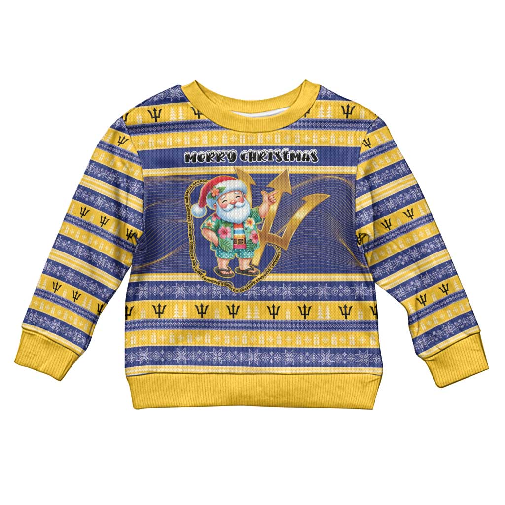Personalized Barbados Christmas Kid Ugly Christmas Sweater Bajan Map Santa Trident - Wonder Print Shop