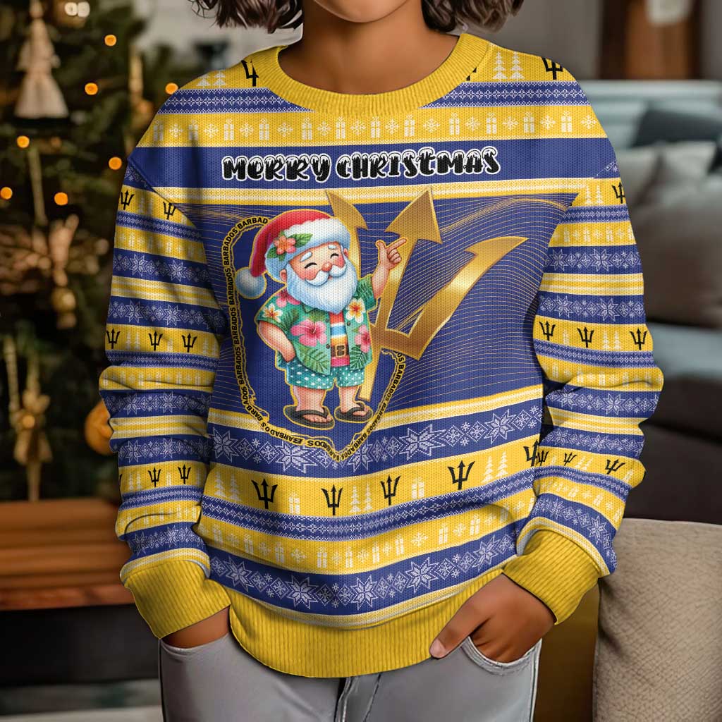 Personalized Barbados Christmas Kid Ugly Christmas Sweater Bajan Map Santa Trident - Wonder Print Shop