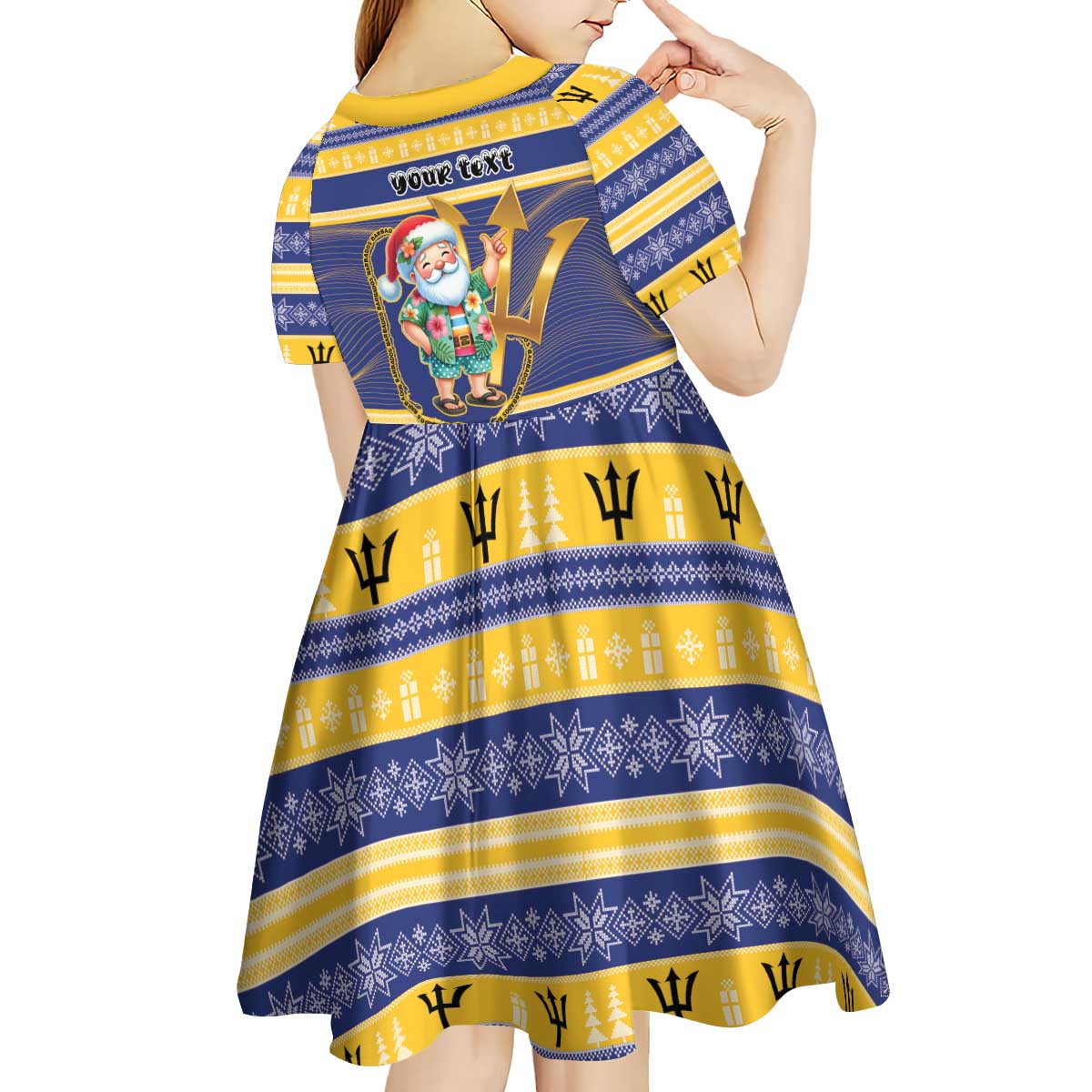 Personalized Barbados Christmas Kid Short Sleeve Dress Bajan Map Santa Trident - Wonder Print Shop