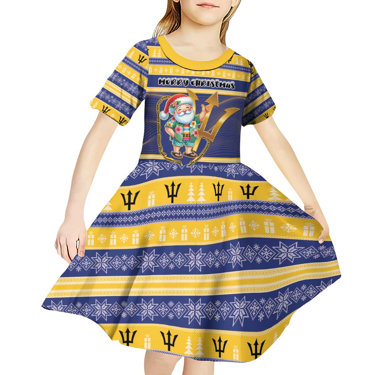Personalized Barbados Christmas Kid Short Sleeve Dress Bajan Map Santa Trident - Wonder Print Shop